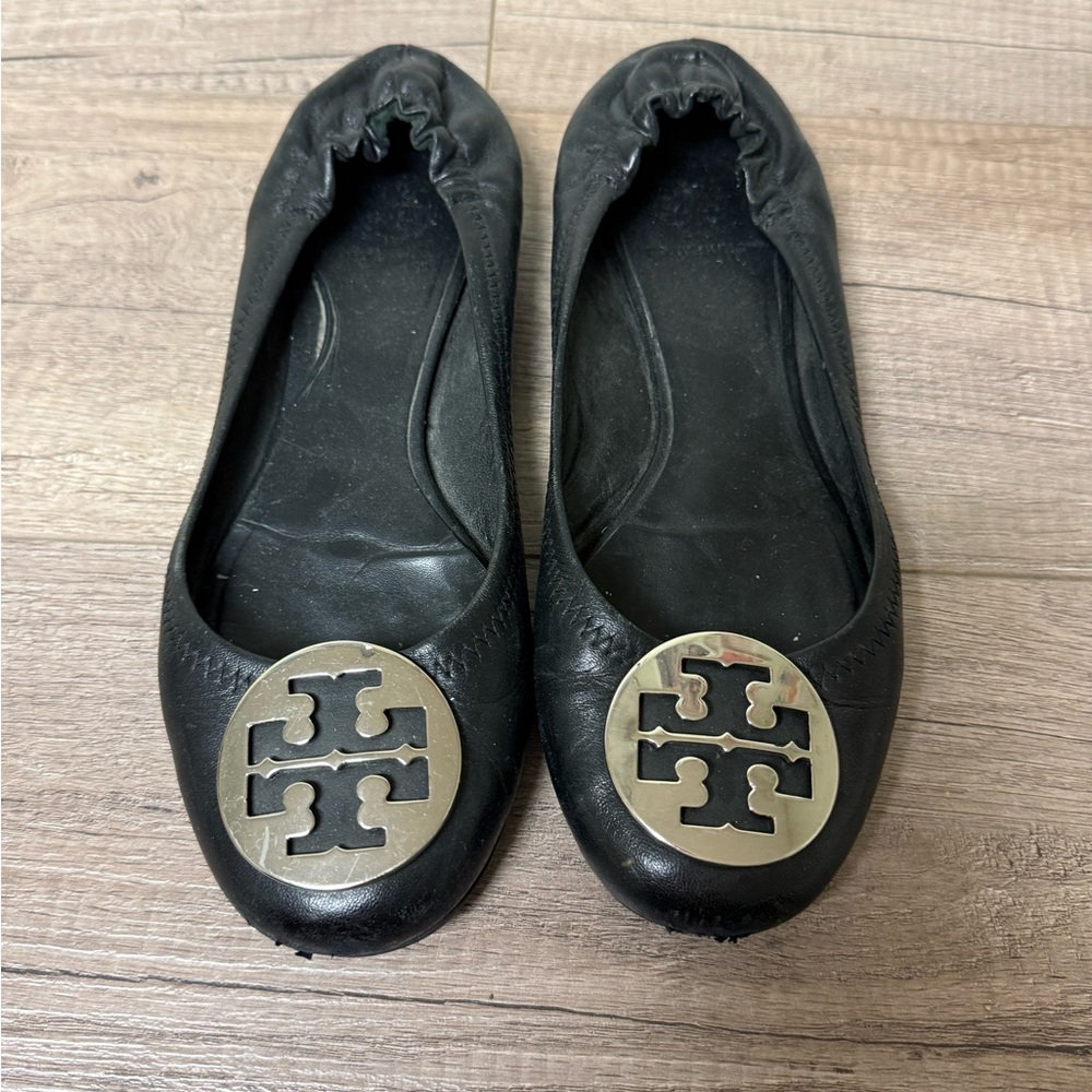 Tory Burch Black Flats with Silver Logo
